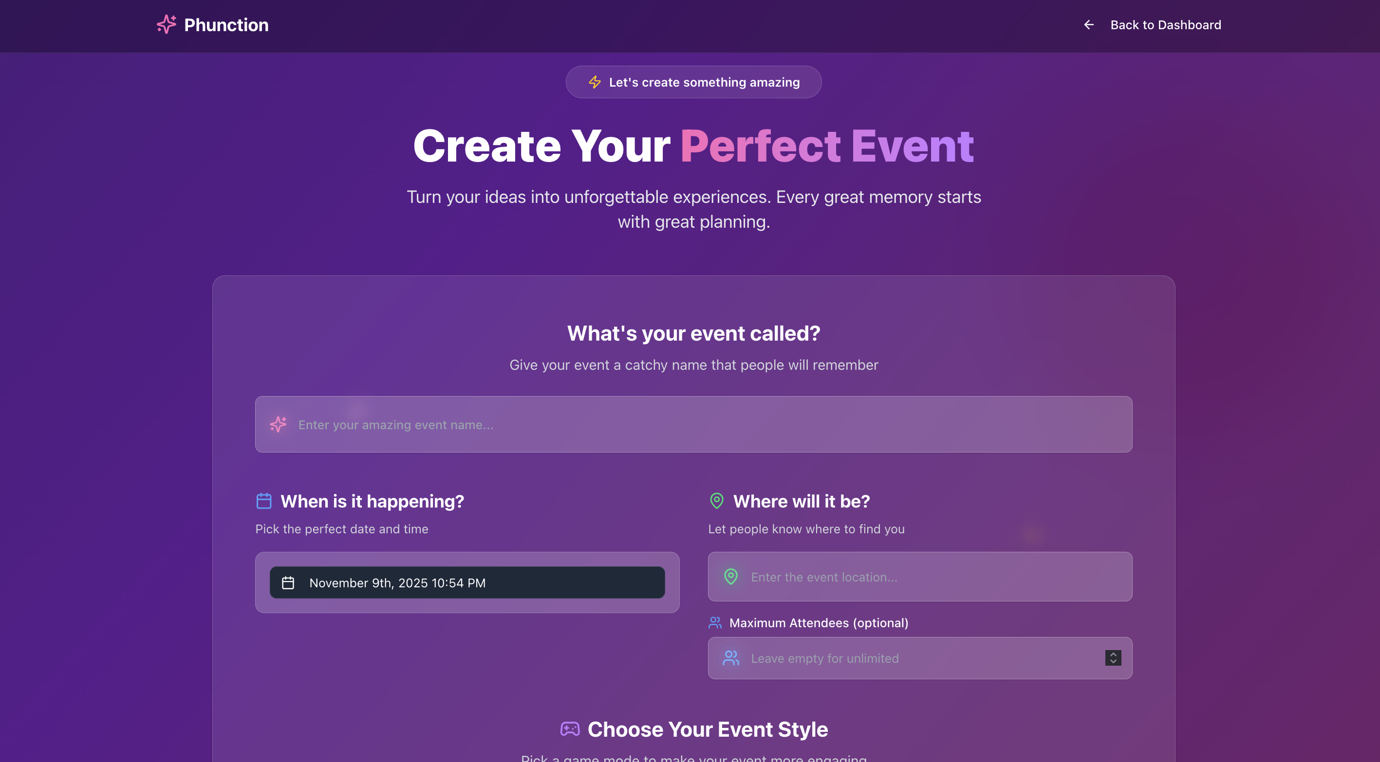 Phunction.io event creation flow